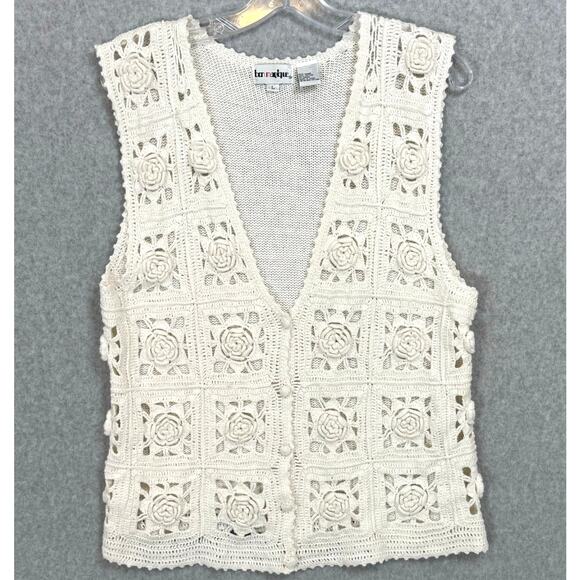 Vintage 90s Crochet Sweater Vest Sz L Cardigan Cottagecore Grannycore Rosette - Picture 2 of 16